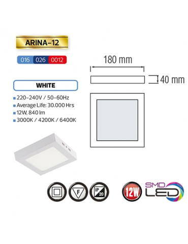 LED Aufputz Panel Deckenpanel Eckig 12W 6000K(arina-12)